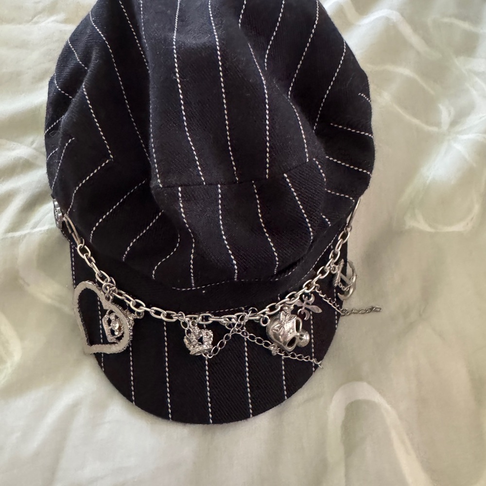 Black and White Striped Hat with Silver Skull Chain never worn